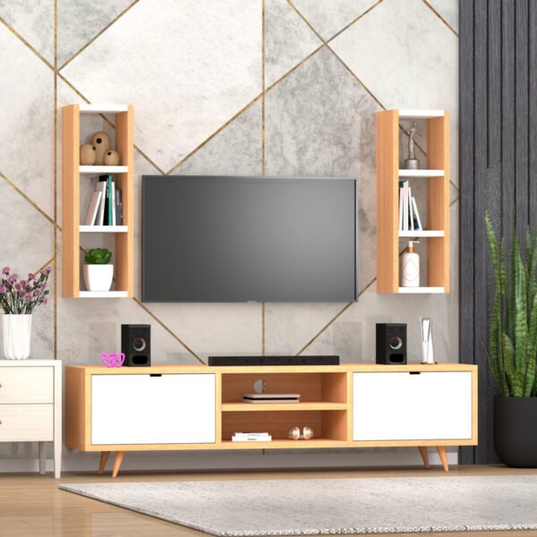 Modern Wall-Mounted Tv Unit with Floating TV Stand, Dual Side Storage Cabinets, Media Console for Living Room, Bedroom, Tv Up to 65 Inch, Color: Multi