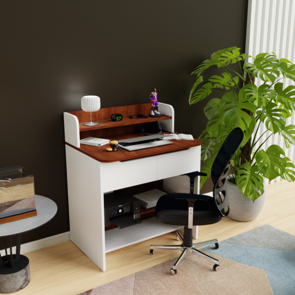 Modern Compact PC Table with Open Storage & Drawer