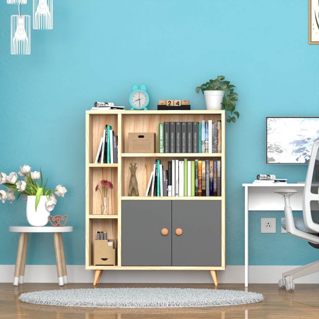Modern bookshelf made from engineered wood with five open shelves, one closed cabinet, and angled legs in a wood finish