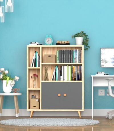 Modern bookshelf made from engineered wood with five open shelves, one closed cabinet, and angled legs in a wood finish