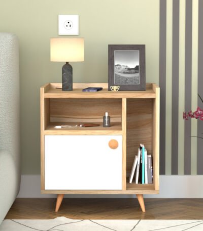Modern bedside table with durable engineering wood, featuring an open shelf for books, a vertical magazine slot, and a closed cabinet for storing essential items.